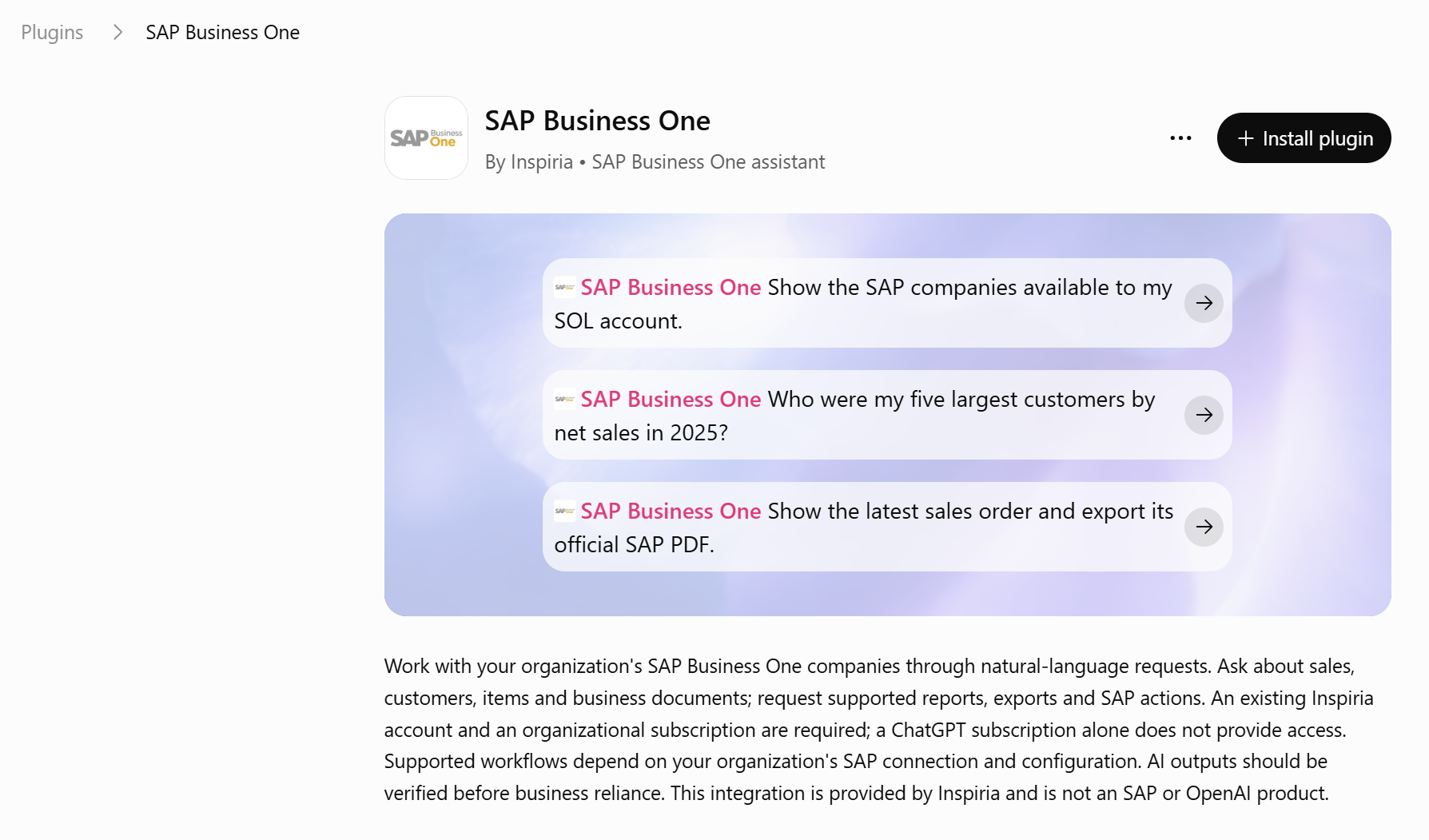 Inspiria's SAP Business One plugin in ChatGPT, with examples of natural-language requests