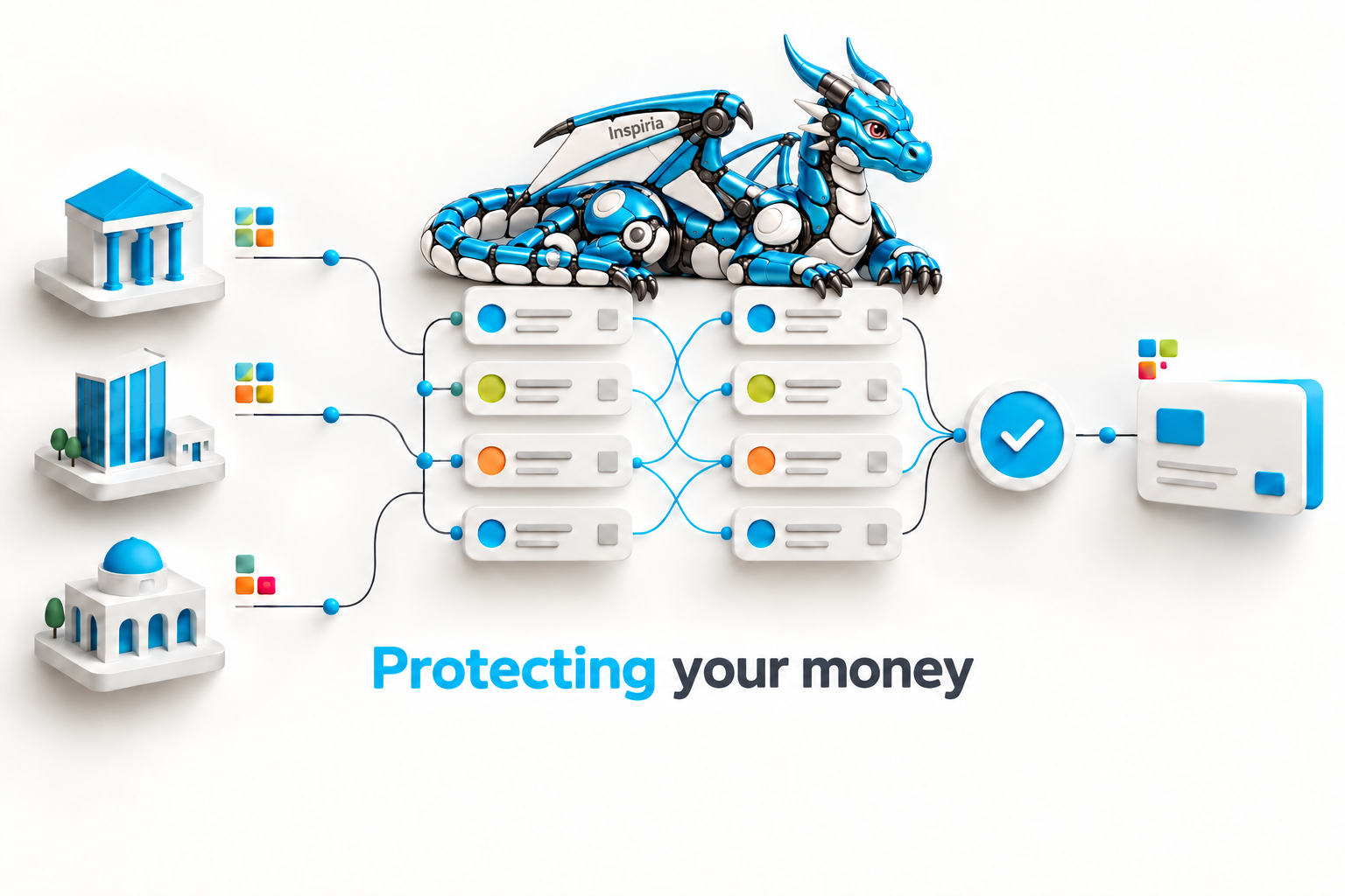 A blue robotic dragon with the name Inspiria sits above the information rectangles and guards the connection, with the inscription: Guarding your money