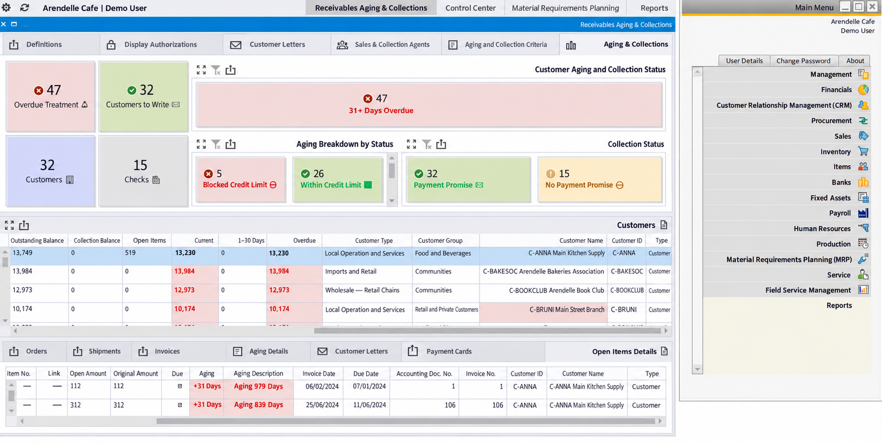 SAP Business One screen with collection and payment dashboard for Café Arendelle