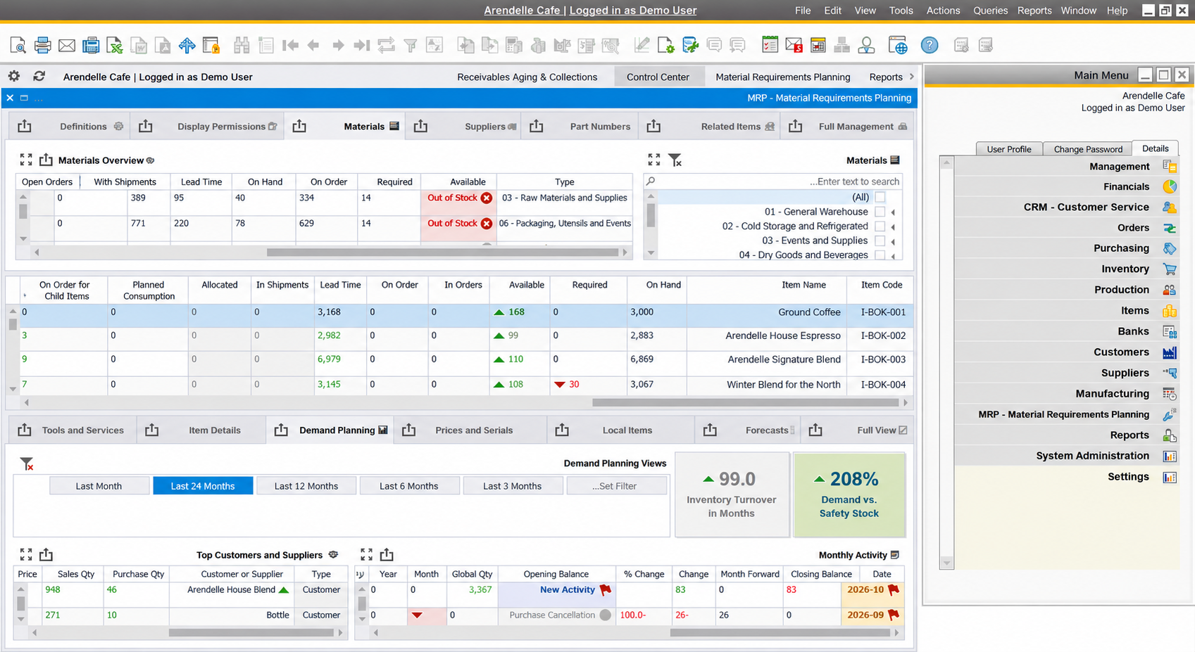 SAP Business One screen with material planning dashboard for Café Arendelle